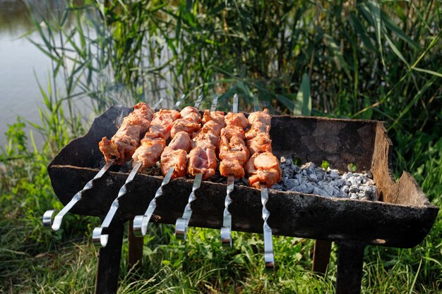 Pork skewers are fried on skewers in nature on the banks of the river Summer day