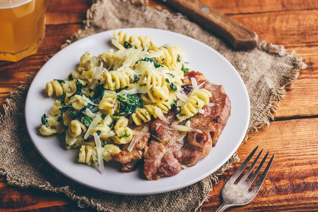 Pork Steak and Creamy Pasta with Spinach