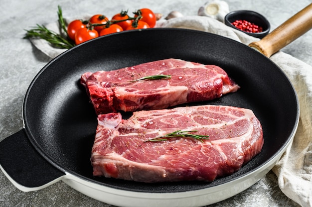 Pork steak in a frying pan.