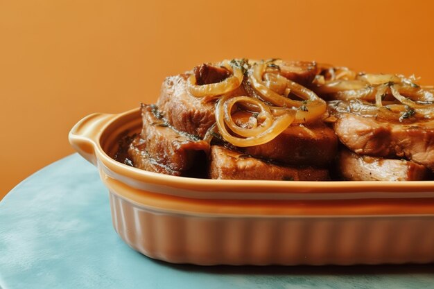 Pork Steak stacked in a casserole