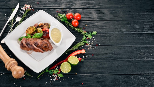 Photo pork steak with grilled vegetables on a plate on a wooden background top view copy space