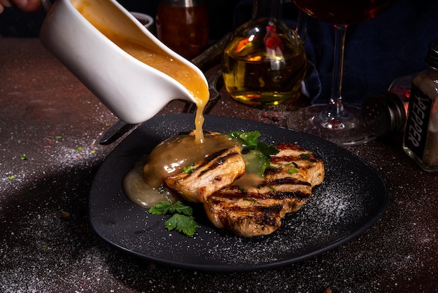 pork steaks with gravy sauce