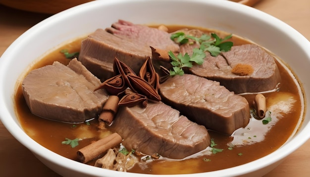 Photo pork stewed in the gravy the meat with sweet and salty ingredients