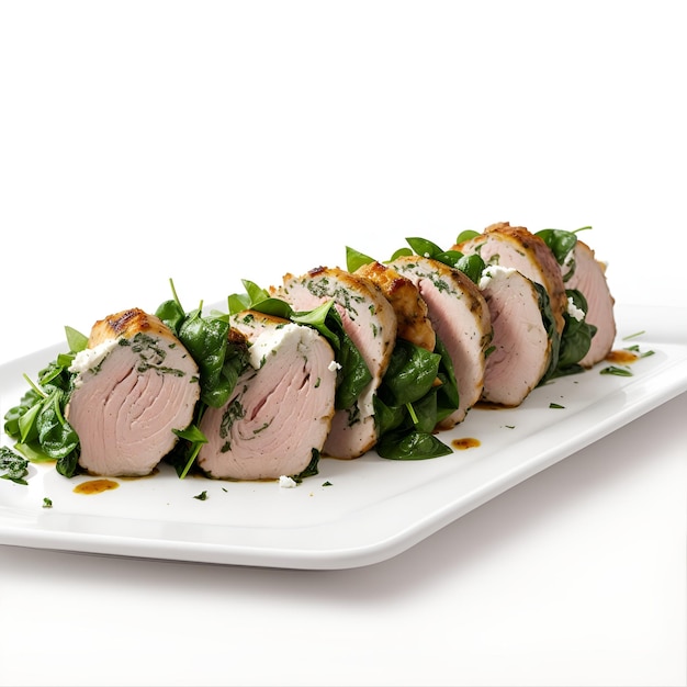 Pork tenderloin stuffed with parsley on a white background