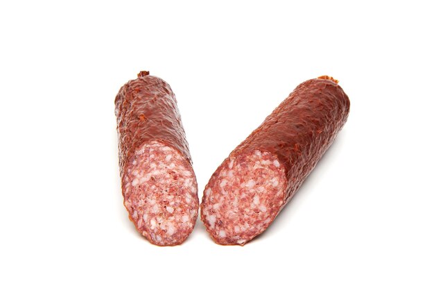 Pork and venison salami smoked matured sausage isolated on white background