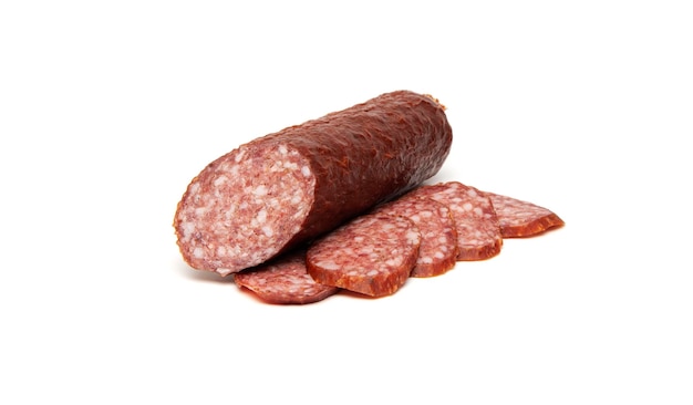 Pork and venison salami smoked matured sausage and salami slices isolated on white background