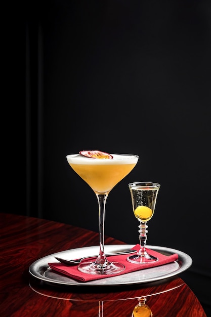 Photo pornstar martini cocktail with passion fruit and vodka, served with sparkling wine in a separate glass on a silver tray