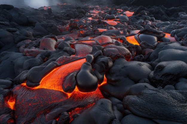 Porous lava rock with streams of molten lava running through it