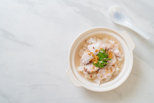 porridge or boiled rice soup with fish bowl