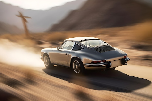 A porsche 911 is driving through the desert.