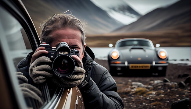 Porsche 911 vintage luxury sports car in nature with photographer