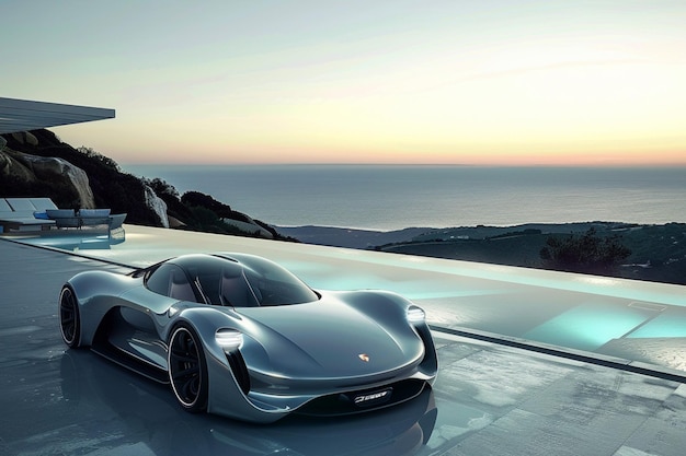 Porsche concept supercar with silver bodywork and carbon details