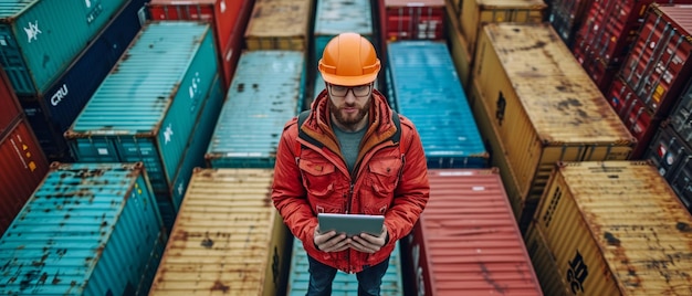 Foto nel cantiere dei container portuali un dipendente utilizza un drone per la fotografia aerea