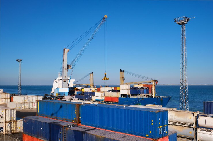Photo port crane loading container ship with containers and cars in port