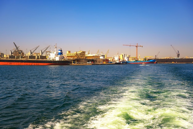 Port of dakar in senegal with big cargo ships cranes and heavy cargo containers