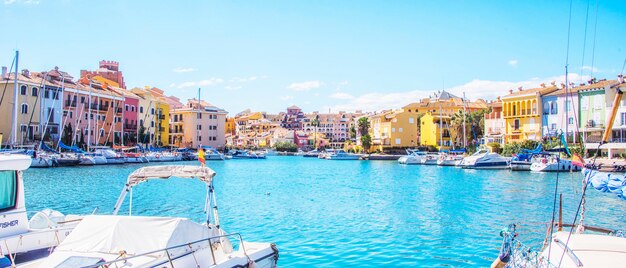 Port Sa Playa, Valencia, Spain - 3/19/2019: Bright sunny day panoramic photo looking at Port Saplaya, Valencia's Little Venice