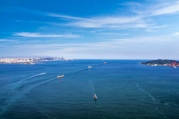 Port terminal freighter and city skyline