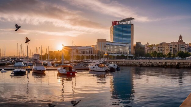 Photo port vell in sunrise barcelona