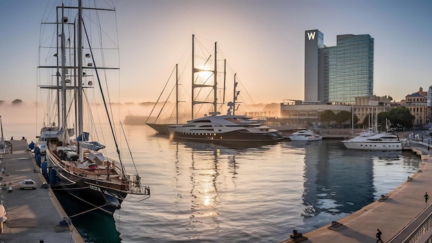 Photo port vell in sunrise barcelona