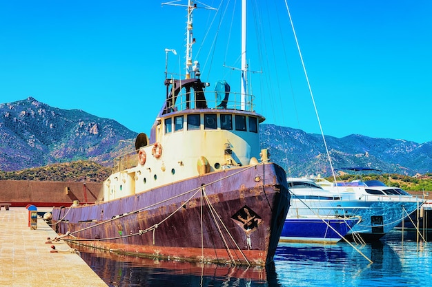 Port with ship in Villasimius, Cagliari, South Sardinia in Italy