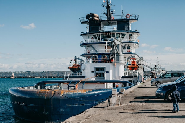 Port with yachts and a ship in the city of Brest in France