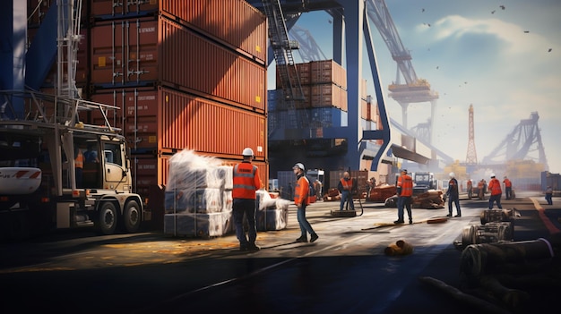 Port workers hustle stacking vibrant containers onto the ship Precision meets chaos