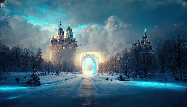 Portaal met blauwe gloed in het kasteel in de winter onder blauwe lucht met wolken
