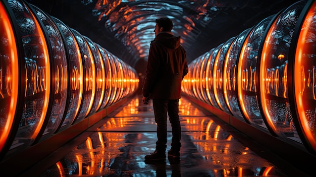 Portaal van prachtige neonlichten met gloeiende oranje lijnen op een tunnelachtergrond