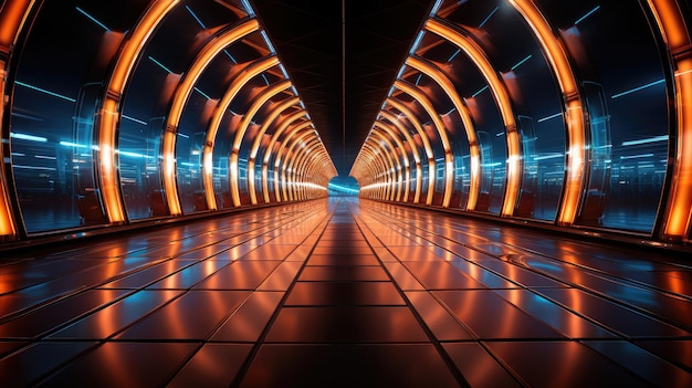Portaal van prachtige neonlichten met gloeiende oranje lijnen op een tunnelachtergrond