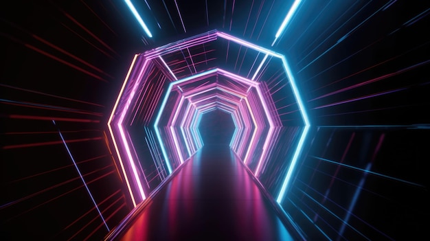 Portaal van prachtige neonlichten met gloeiende paarse en blauwe lijnen in een tunnel Generatieve AI AIG21