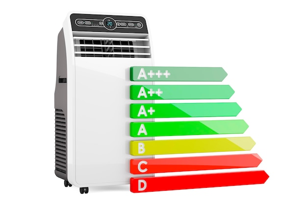 Portable air conditioner with energy efficiency chart 3D rendering