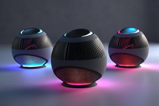 Portable blue tooth speakers futuristic with lights in the background