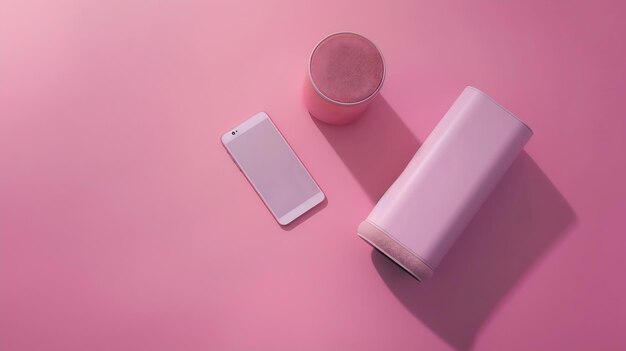 Photo portable bluetooth speaker and smartphone on pink background flat lay audio equipmen generative ai