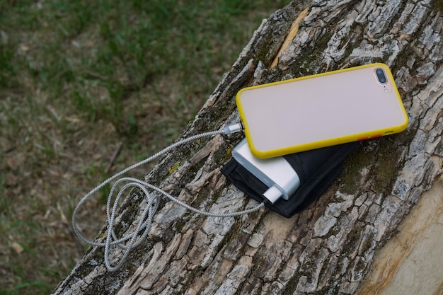 Портативное зарядное устройство заряжает смартфон Power Bank кабелем на фоне дерева