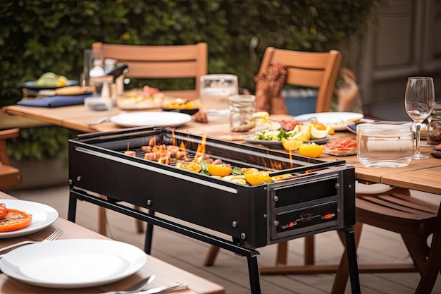 Portable grill on a table with al fresco dining setting created with generative ai