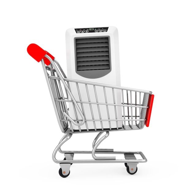 Portable Mobile Room Air Conditioner in Shopping Cart Trolley on a white background. 3d Rendering