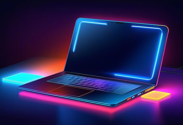 Foto un computer neon portatile con uno schermo vuoto e una scrivania in una stanza buia