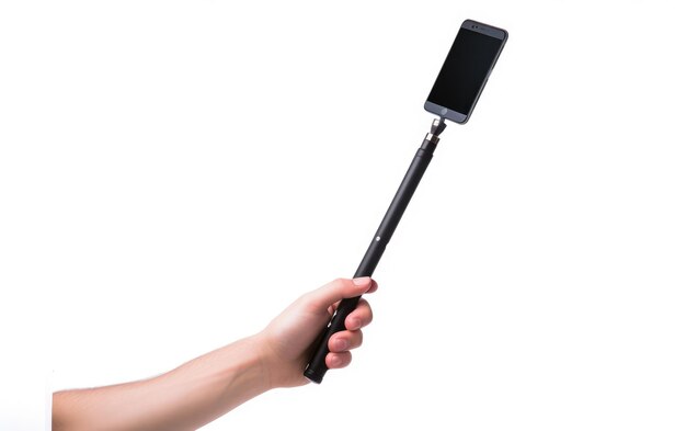 Photo portable selfie stick for mobile devices isolated on transparent background