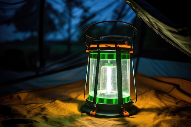 Portable solar lantern glowing in dark inside a tent