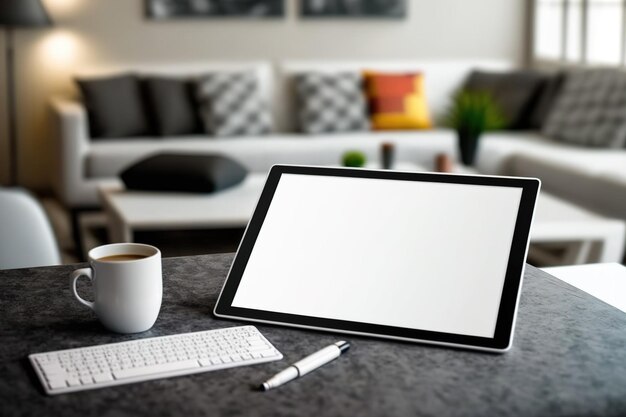 Portable tablet white screen mockup with wireless keyboard coffee cup decor and copy space on tabletop against blurred modern living room background illustration