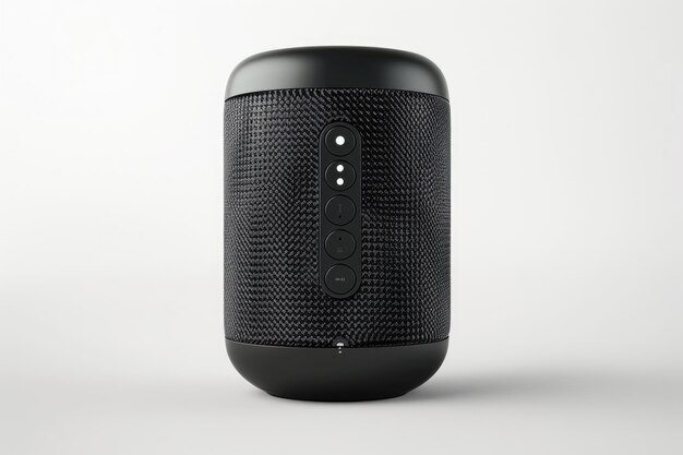 Portable wireless speaker on white background with ribbed texture