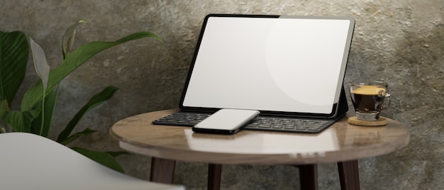 Portable workspace in modern loft living room, digital tablet, smartphone mockup on side table