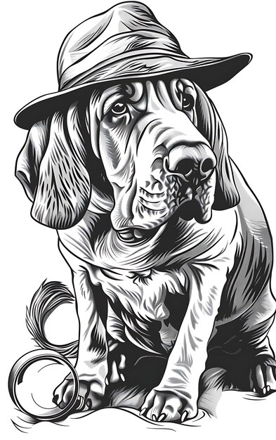 Photo portait of bloodhound dog with a detective hat and magnifying glass loo outline art tattoo tshirt