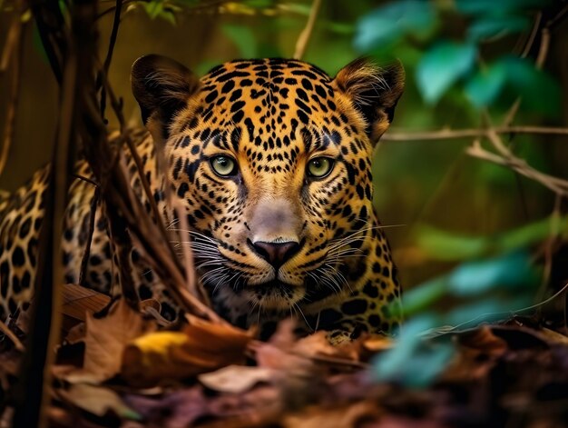 Portait of a leopard hidden in the forest