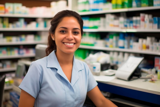 Фото Портрет счастливой латиноамериканской фармацевтки в аптеке