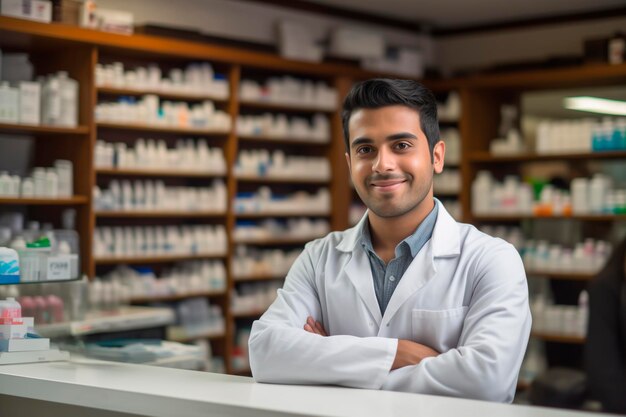 Фото Портрет счастливого латиноамериканского фармацевта в аптеке