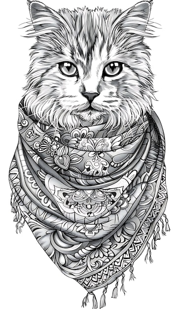 Foto ritratto di un gatto siberiano che indossa una babushka con una tradizionale maglietta tatuata expressio outline art