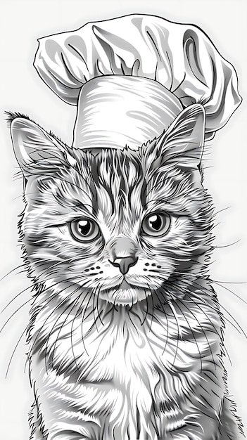 Portait van Chartreux Kat met een chef-kok hoed met een Gourmet Expressie P Outline Art Tattoo T-shirt