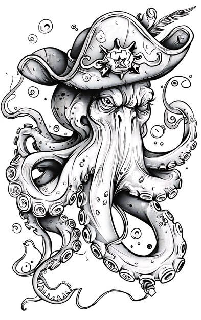 Portait van Octopus met een kapitein hoed en haak met Mischievous Expres Outline Art Tattoo T-shirt