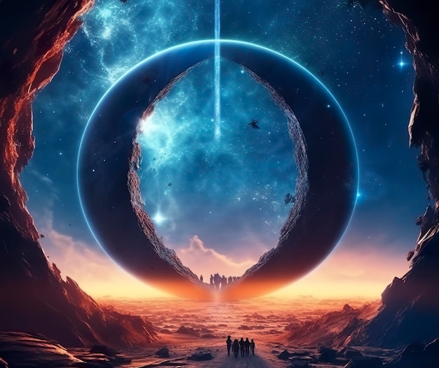 Portal to another world futuristic cosmic landscape with circle tunnel in starry sky gate in space futuristic background with galaxy and nebula created with generative ai